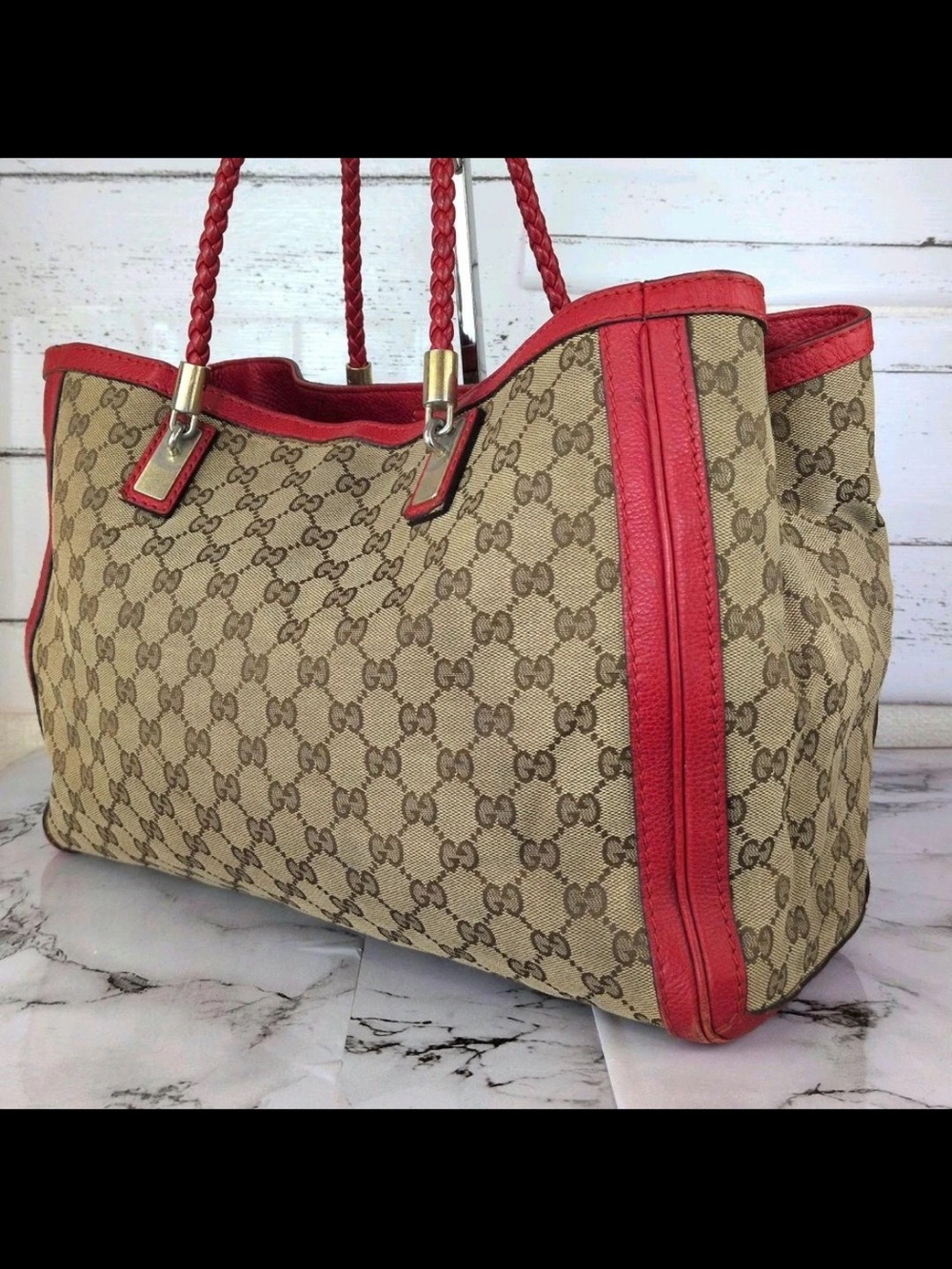 Gucci Beige GG Canvas Tote with Red Leather Accents